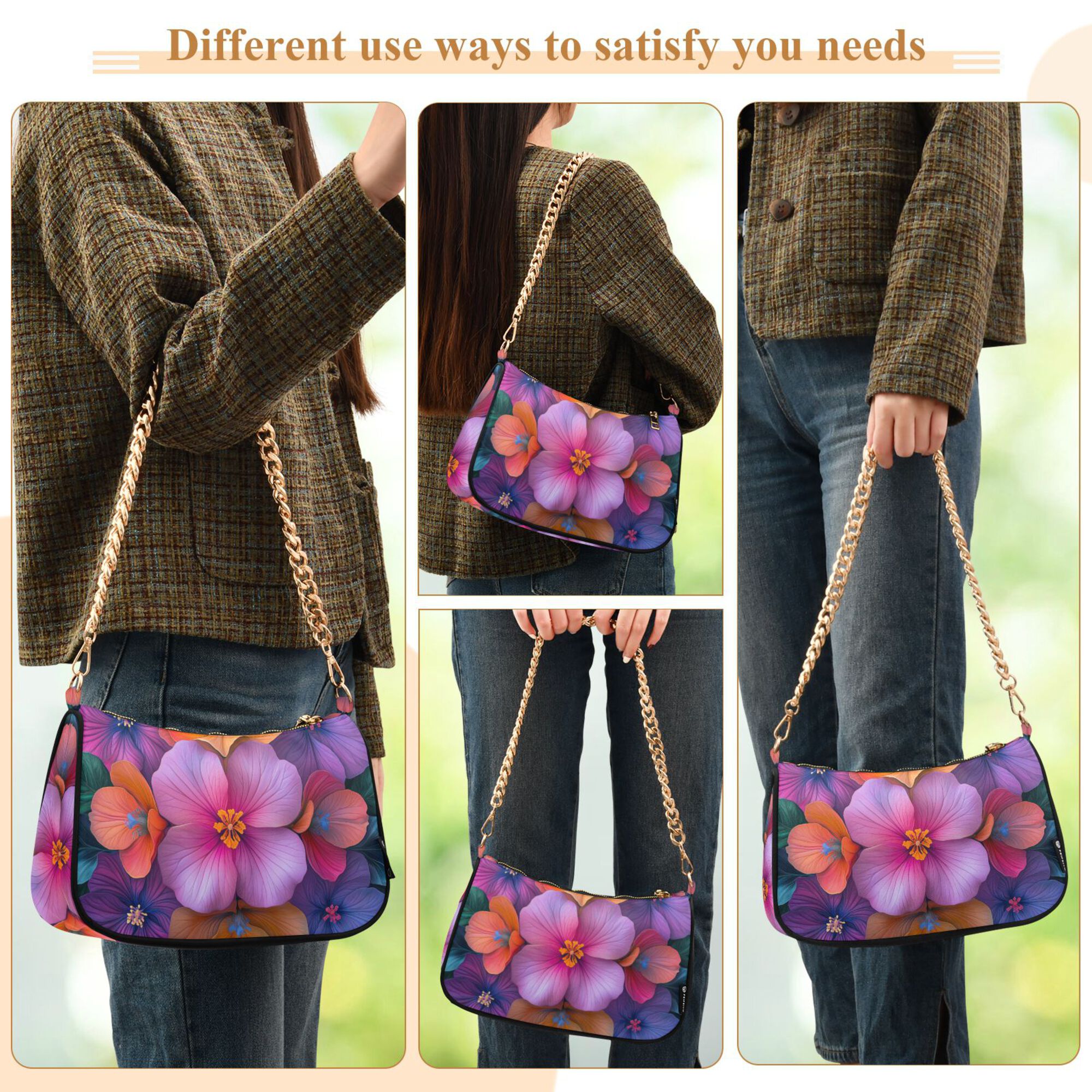 FORMRS Womens Shoulder Bag with Chain Strap Clutch Purse Cute Tote Handbag, Large Purple Flowers