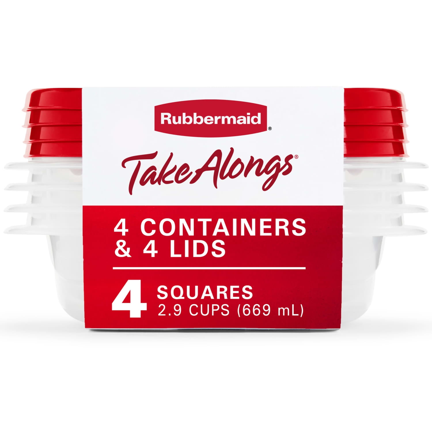 (4 pack) Rubbermaid TakeAlongs 2.9-Cup Square Food Storage Containers, 4-Pack, Red