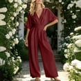 thumbnail image 3 of Women's Solid Color Cotton Linen Jumpsuits Tighten Waist Zipper V Neck Wide Leg One Piece Jumpsuit Loose Flowy Three Quarter Sleeve Rompers with Pockets, 3 of 7