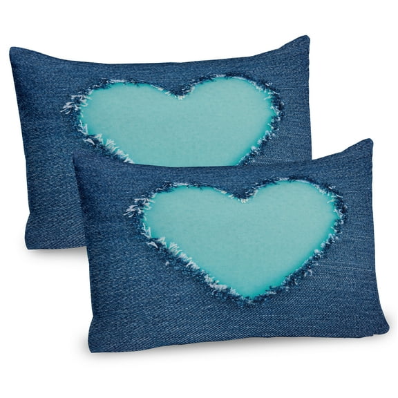 Ambesonne Navy and Teal Pillow Sham 2 Pack, Denim Heart Love, 30"x20", Navy Blue and Seafoam