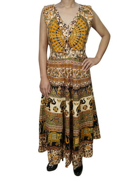 Mogul Womens Summer Maxi Dress Jungle Love Elephant Print Sleeveless Cotton Summer Fashion Long Dresses