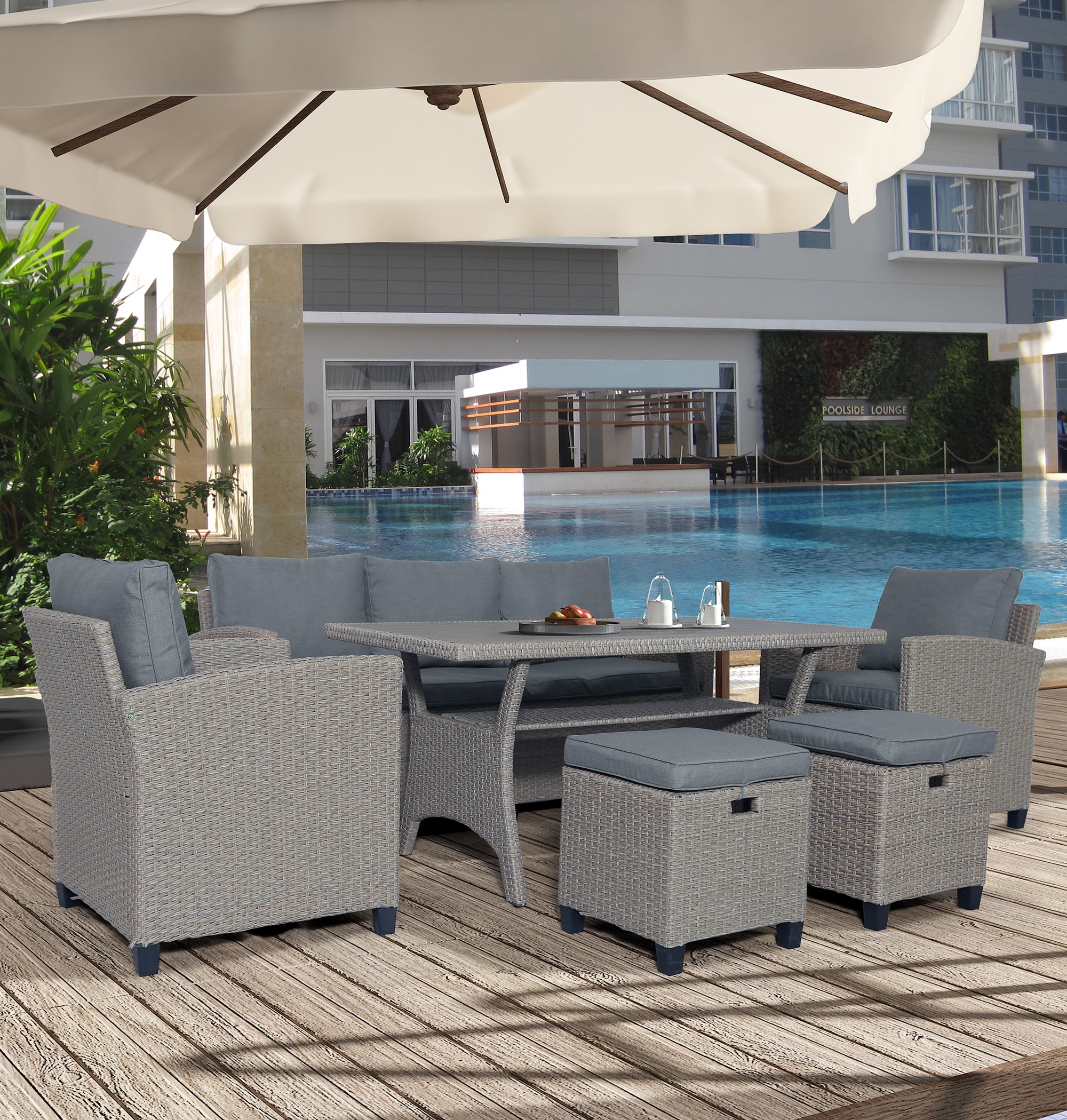 Outdoor Conversation Sofa Set, 6 Piece Patio Sectional Dining Table Chair with Ottomans