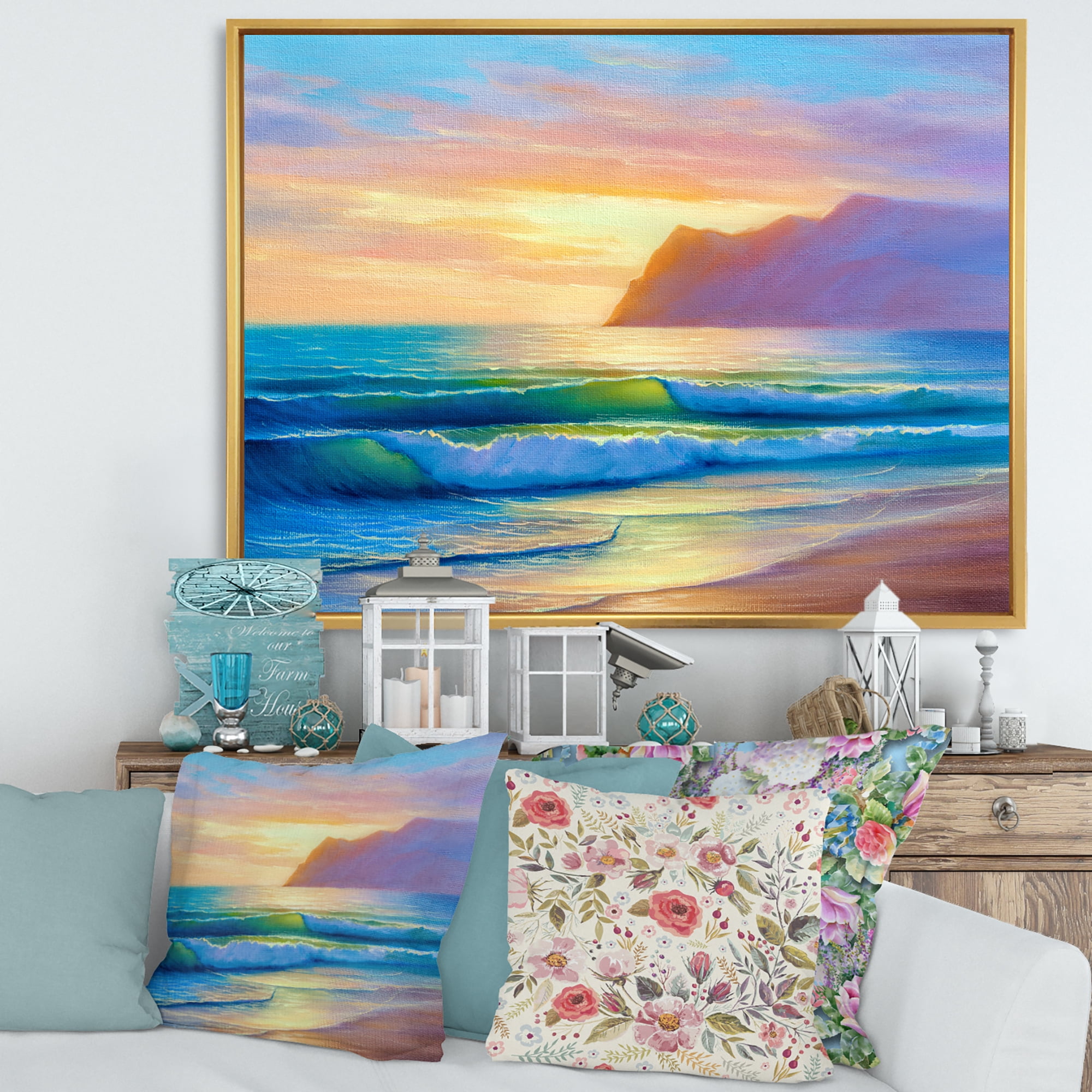Designart 'Sunrise Glow On The Sea Waves IV' Nautical & Coastal Framed Canvas Wall Art Print