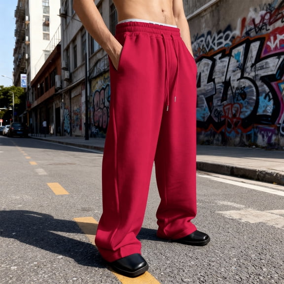 Mens Loose Fit Sweatpants Baggy Wide Leg Pants Athletic Joggers Drawstring Waist Casual Comfort with Pockets 2026 Red S