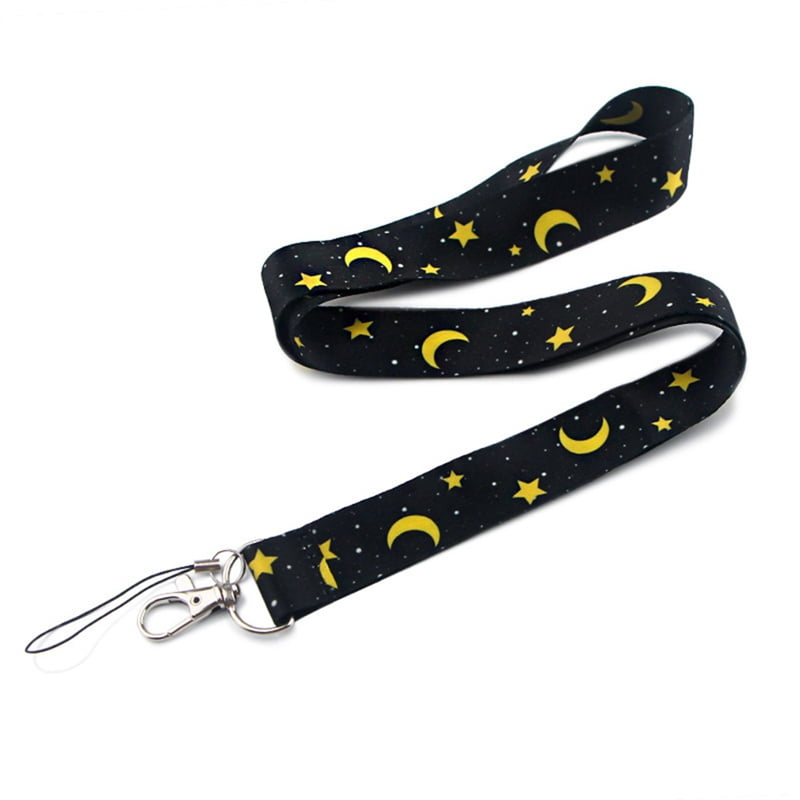 Moons Lanyard ID Badge Key Keeper Keychain Camera Strap Fabric Black and Grey Moons