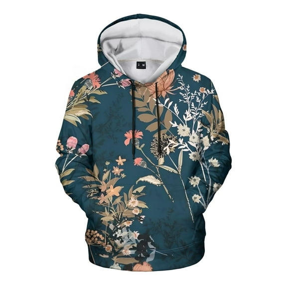 PureBond Dark Blue Flowers Hooded Sweatshirts Warm Fashion,Long Sleeve with Pockets