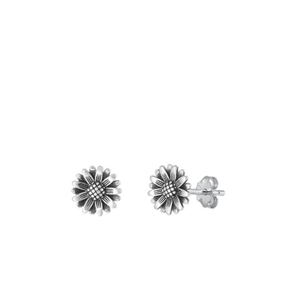 Sterling Silver Oxidized Sunflower Stud Earrings .925 New Jewelry Female Unisex