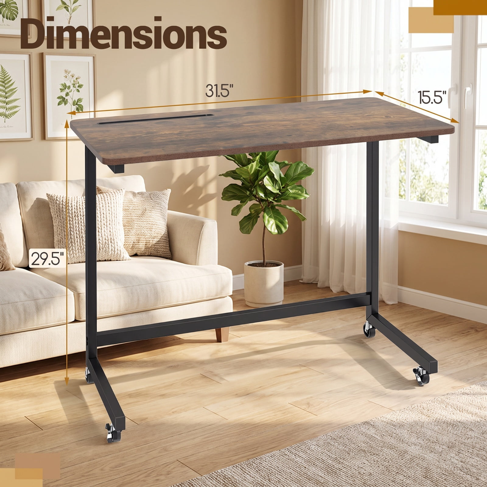 Furnibear Mobile Side Table and Rolling Laptop Desk Cart with Tablet Slot Locking Wheels and Metal Frame for Living Room and Bedroom, Rustic Brown
