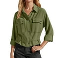thumbnail image 6 of TKLPEHG Women Fall Clothes Long Sleeve Tops Women Casual Button Lapel Collar Rolled Sleeve Blouses Elastic Waist Work Tops With Pockets (Army Green,L), 6 of 6
