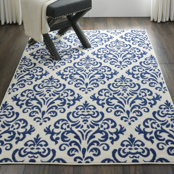 Nourison Grafix Modern Damask White/Blue 3'9" x 5'9" Area Rug, (4' x 6')
