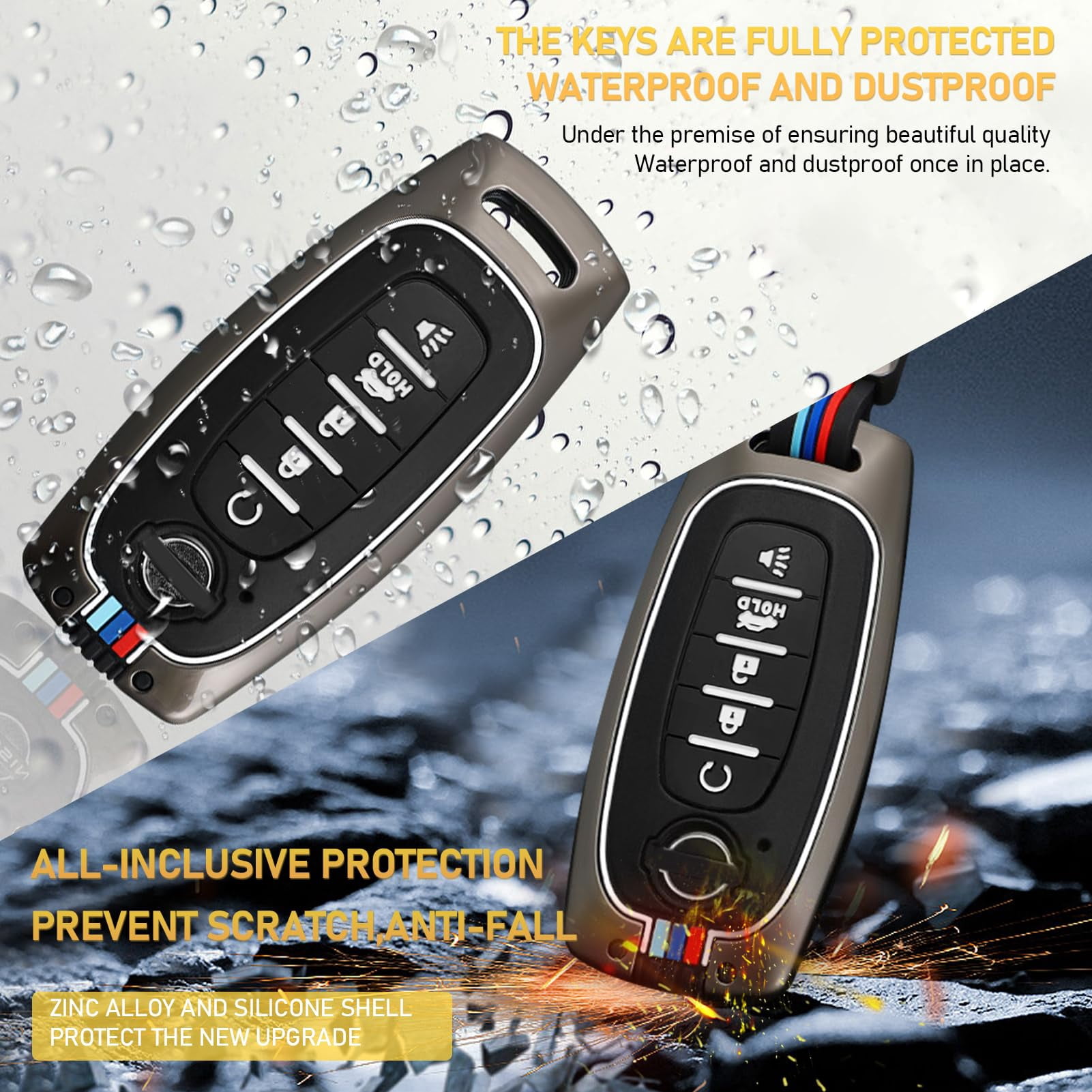 Compatible with 2023 2024 2025 Nissan Rouge Pathfinder Key Fob Cover 5 Buttons,2025 Murano Armada Key Fob Cover,2024 2025 Sentra Key Fob Case,Metal Shell & Soft Silicone Protection
