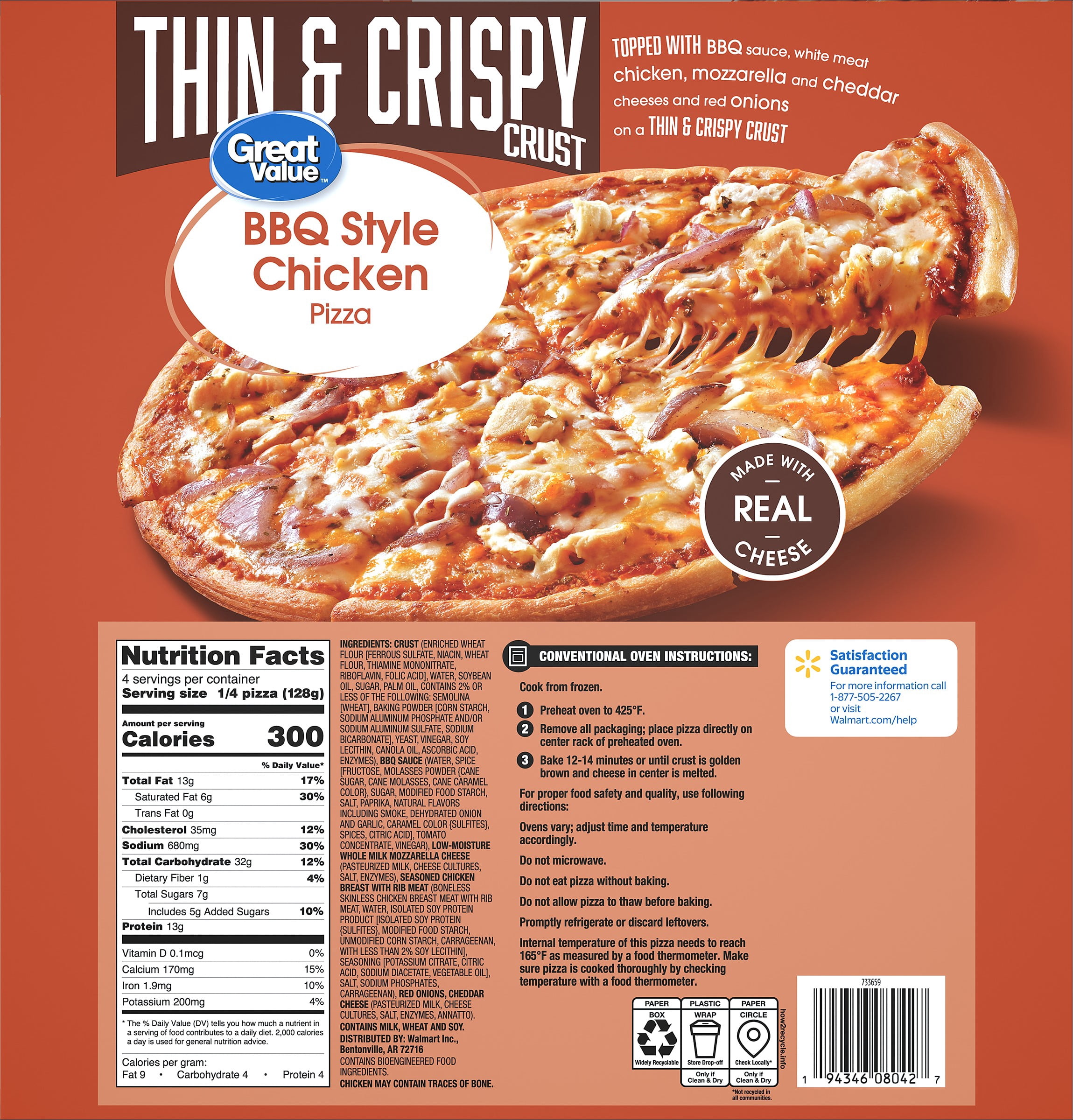 Great Value Thin Crust BBQ Chicken, 18.1 oz (Frozen)