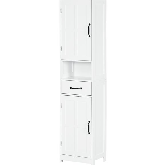Bathroom Storage Tower - Slim Tall Linen With Open Shelf, Drawer, Recessed Doors & Adjustable Shelves, White Cabinet