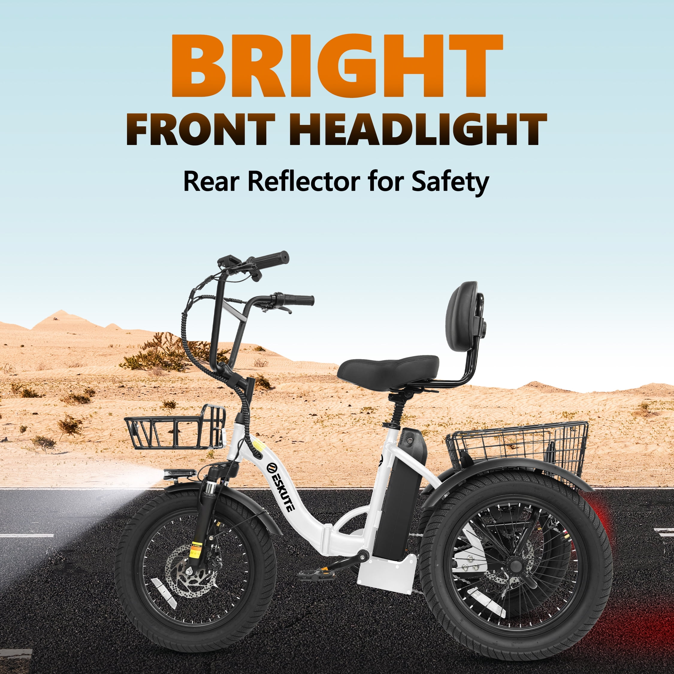 ESKUTE White E Trike Electric Bike, Peak 1200W Brushless Motor Folding Trike 18X3.0 Fat Tire Ebike, 499Wh Removable Battery, Step-Thru 3 Wheel Electric Bicycle, 48V 13AH 18MPH+ Tricycle for Adults