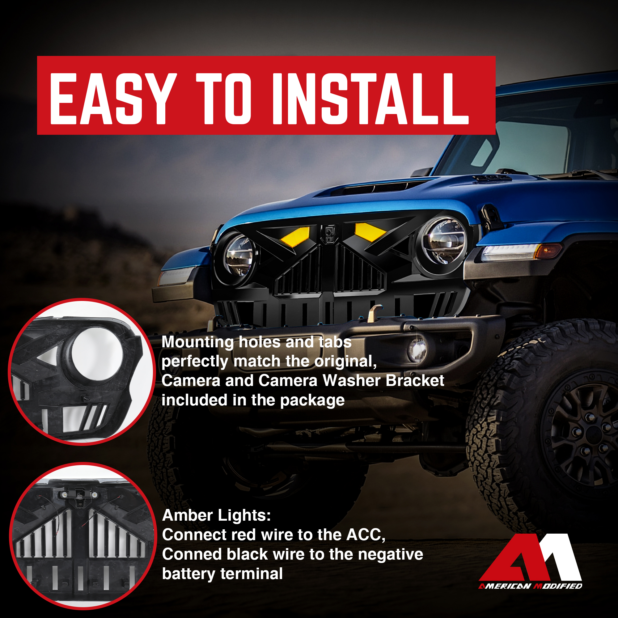 AMERICAN MODIFIED Grille for 2018-2023 Jeep Wrangler JL & Gladiator JT w/Cam