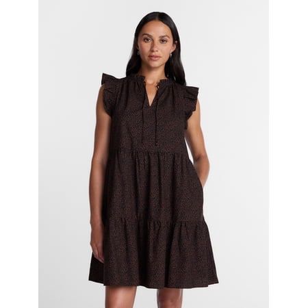 Time and Tru Women's and Women's Plus Tiered Cotton Mini Dress with Flutter Sleeves, Sizes XS-4X