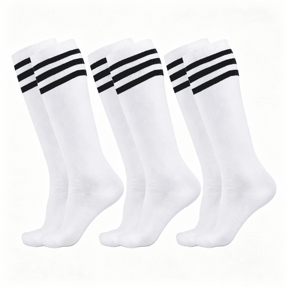 XIBUFE 3 Pairs Kids Soccer Socks Youth Baseball Softball Athletic Socks | Striped Knee High Tube Socks, Uniform Sports Socks for Boys Girls, Soft and Stretchy, Multiple Colors