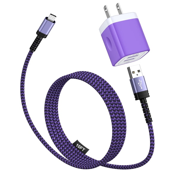 Micro USB Charger, Dual USB Wall Charger with 10FT USB A to Micro Cable, Android Charger Block Fast Charging Cable for Kindle, E-Reader, Samsung J8 J7 Pro S6S7, Droid Cord AC Power Adapter, Purple