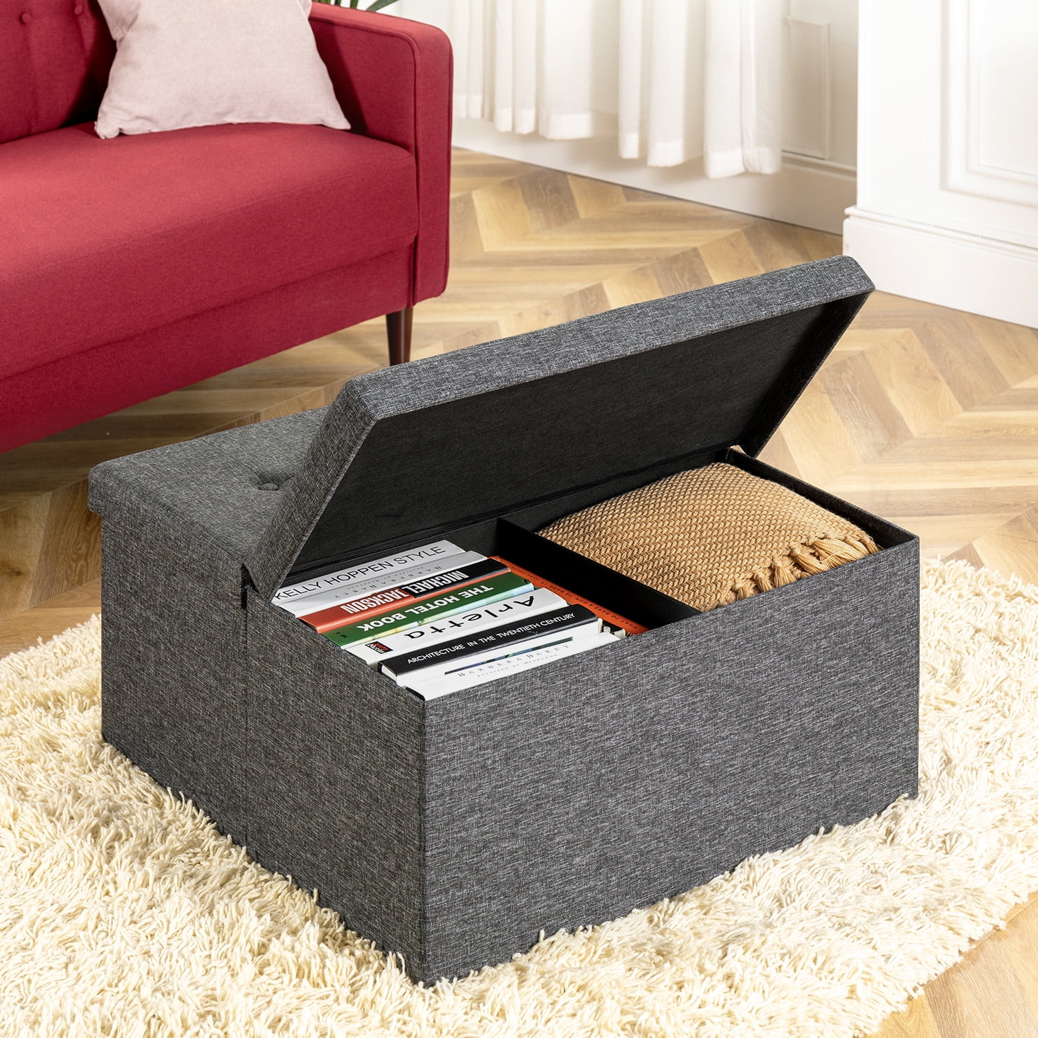 30x15x15 Otto & Ben Folding Toy Box Chest with Smart Lift Top Linen Fabric Ottomans Bench Foot Rest for Bedroom and Living Room Dark Grey