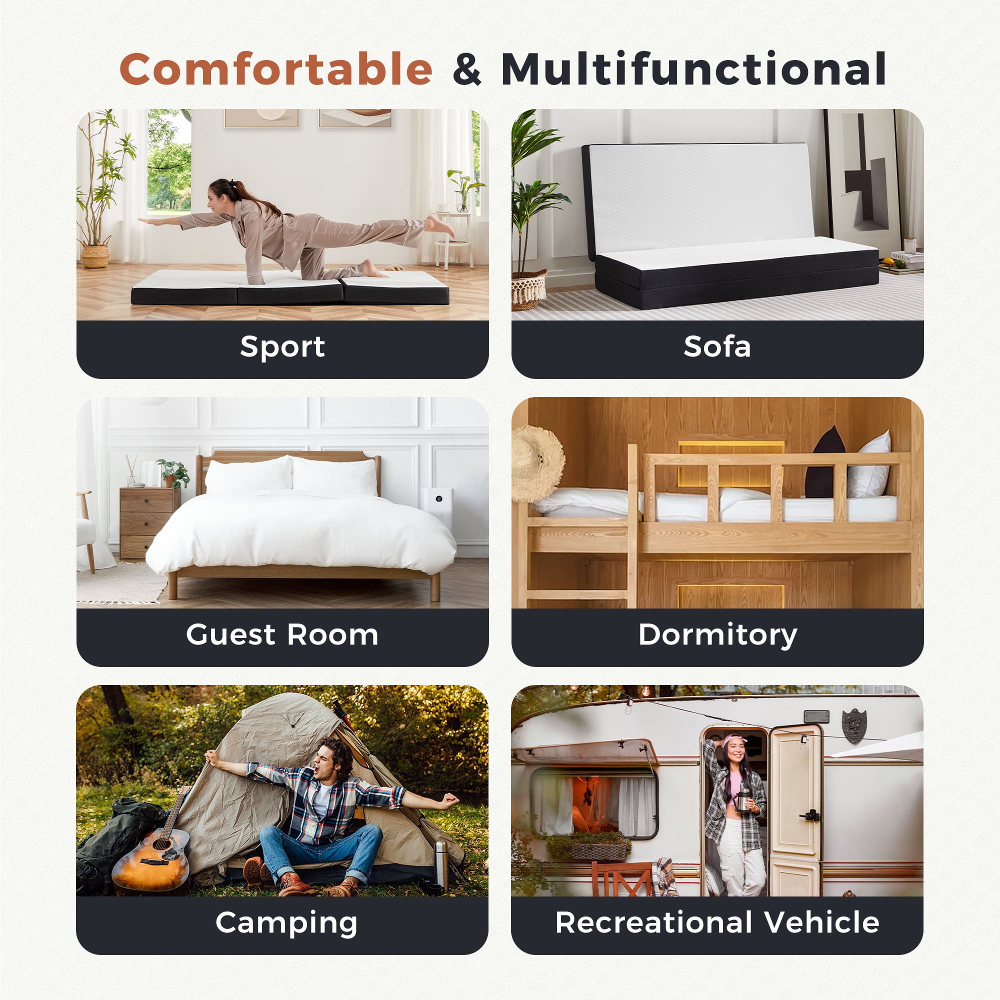 MCQ Full Size Tri-Fold Mattress with 4-Inch Memory Foam, Comfortable Portable Floor Bed for Guest Sleep, RV, or Home Use – 75" x 54"
