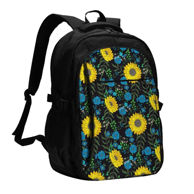 Fotbe Sunflowers And Blue Flower Mochila con Estampado y Puerto USB para Hombre y Mujer, Mochila Antirrobo, Mochila de Viaje, Mochila Escolar, Mochila Universitaria