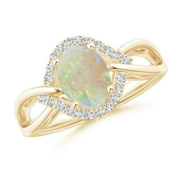 ANGARA Natural Oval-Shaped Opal Entangled Split Shank Ring with Diamond Halo in 14K Yellow Gold for Women (Size-8x6mm) | October Birthstone, Anniversary, Jewelry Gift for Women | Natural Opal Ring