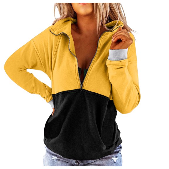YOTMKGDO Quarter Zip Pullover Women Essentials Hoodie Womens Sweatshirt Zipper Pullover Sweater Top Women'S Solid Casual Color Women'S Hoodies Swe Womens Long Sleeve Tops, Yellow XL