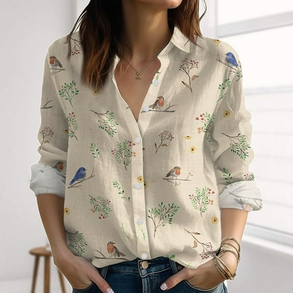 Birds Garden Linen-Look Shirt, Flowers Blouses Shirt, Nature Love Casual Shirt, Vintage Button Women Shirt, Summer Gift,Button Up Shirt,Blouses Tops Women