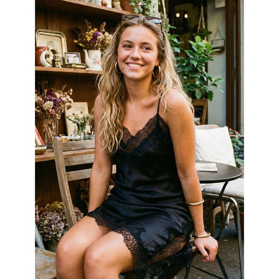 Black Satin Lace-Trimmed Spaghetti Strap Slip Dress Asymmetrical Hem