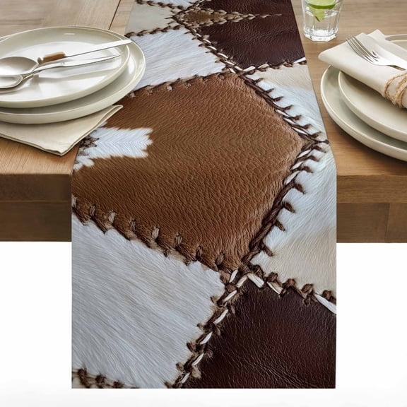 Western Cow Print Cowhide Table Runner 13x90 inch Abstract Seam Cow Leather Cotton Linen Dining Table Runner Ideal for Dresser Kitchen Coffee Tables - Machine Washable