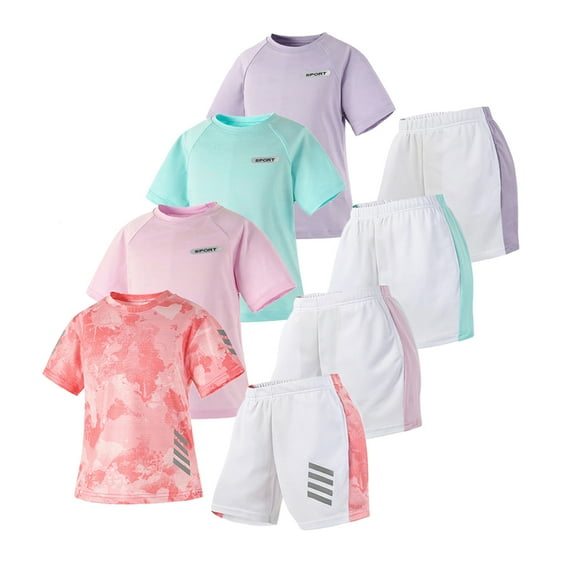 Emy Dola Little and Big Girls Athletic Outfits 2 Piece Summer Sports Suit Quick Dry Short Sleeve T-Shirts Mesh Shorts Sets Size 4-12Y