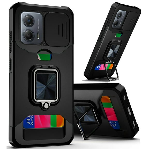 For Motorola MOT G 5G 2023 Multi-Functional Card Magnetic Ring Stand Hybrid Camera Case Cover - Black