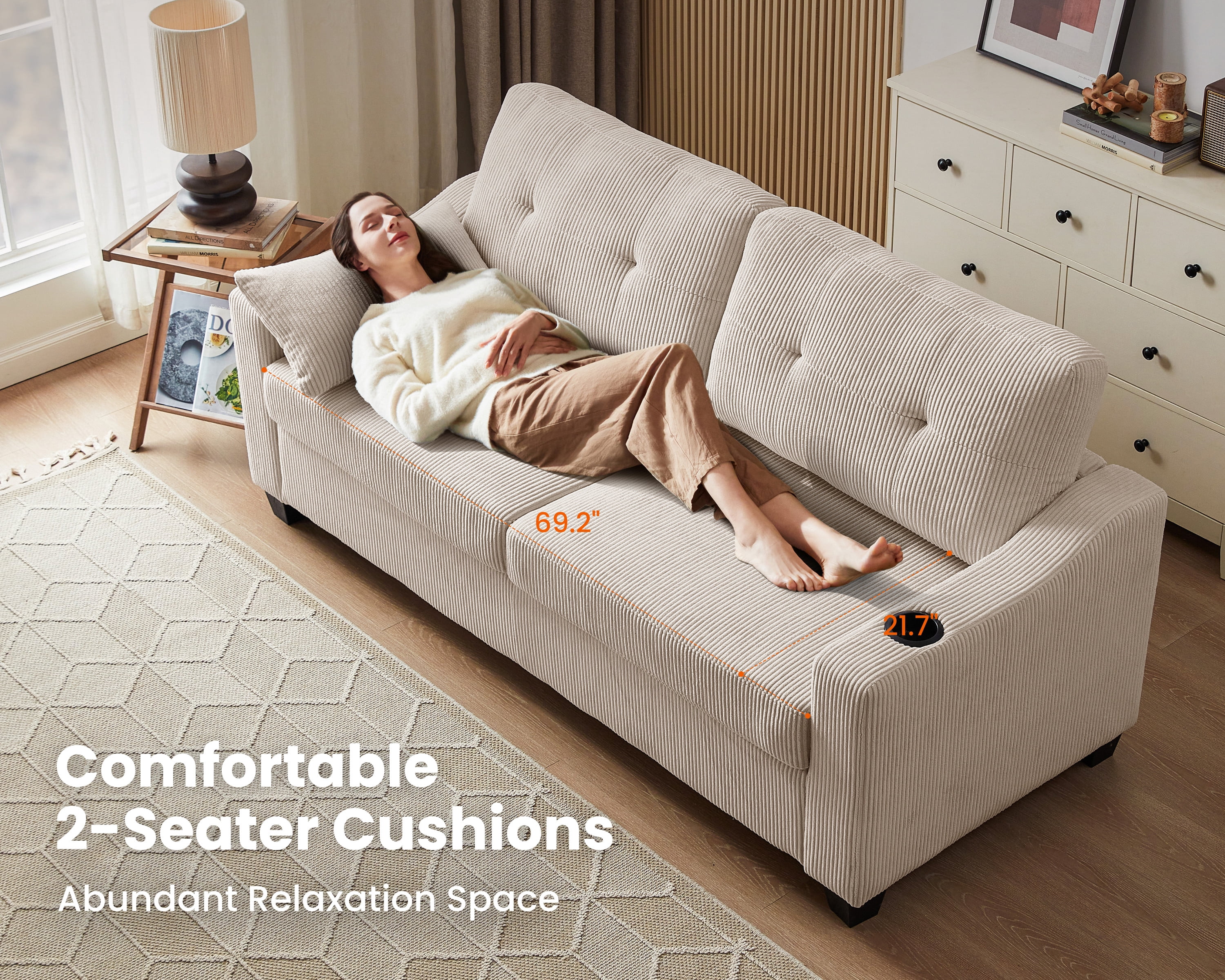 CHIC HOUSE Pull Out Sofa Bed Couch Queen Size with Mattress USB, Convertible Sleeper Sofa Loveseat for Small Spaces RV, Corduroy Pull Out Couch Bed for Living Room with Cup Holders LED Lights, Beige