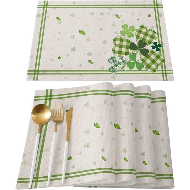 St. Patricks Day Watercolor Shamrock Clovers Placemats Set of 4, Rustic Green Buffalo Plaid Cotton Linen Table Mats Washable Spring Holidays Decorations For Kitchen Dining Table French Stripes