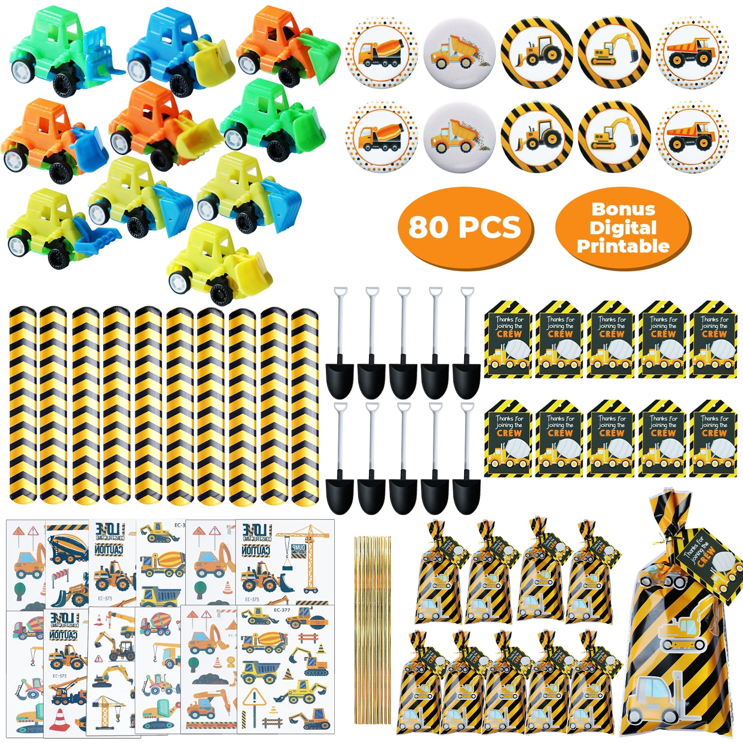 80 Pcs Construction Party Favors - 10 set of Treat Bags with Thank you Tag, Slap Bands, Mini Shovel Toy Engineering Truck, Button Pins, Tattoos for Kids Birthday Party Supplies