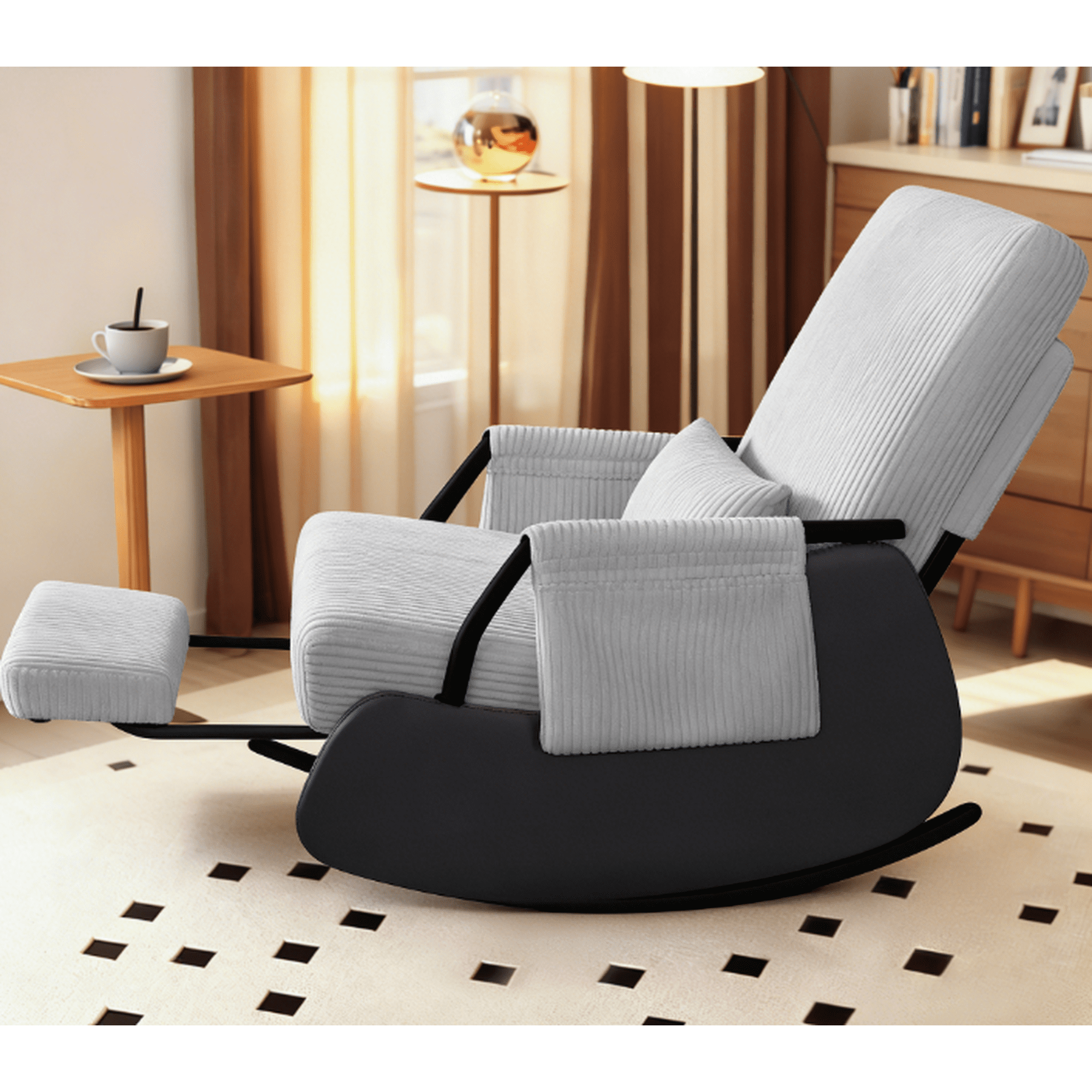 Primy Nursery Rocking Chair, Low-Seat Glider Chair, Upholstered Rocking Accent Chair Recliner with Side Pocket and Foot Rest for Mom Nursery Living Room Bedroom