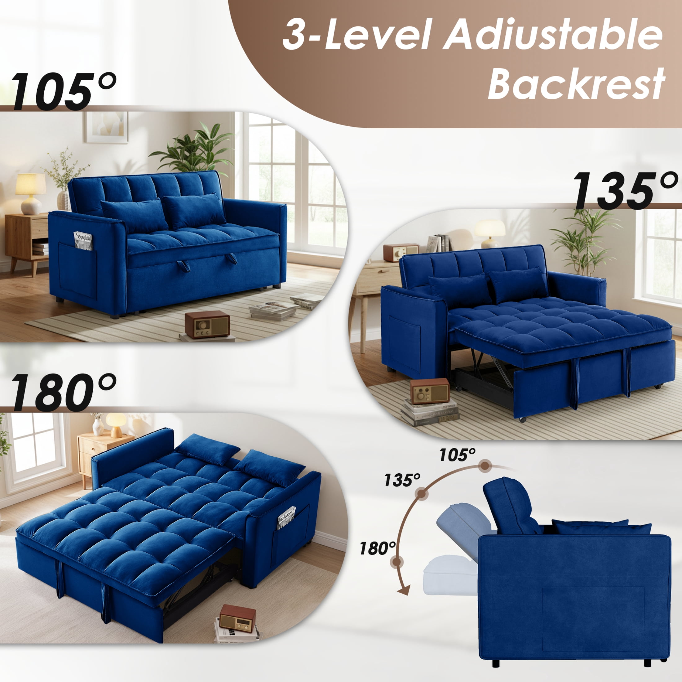 Vinform 55" 3 in 1 Convertible Sleeper Sofa Bed, Pull Out Loveseat Couch with Storage Pocket, Blue