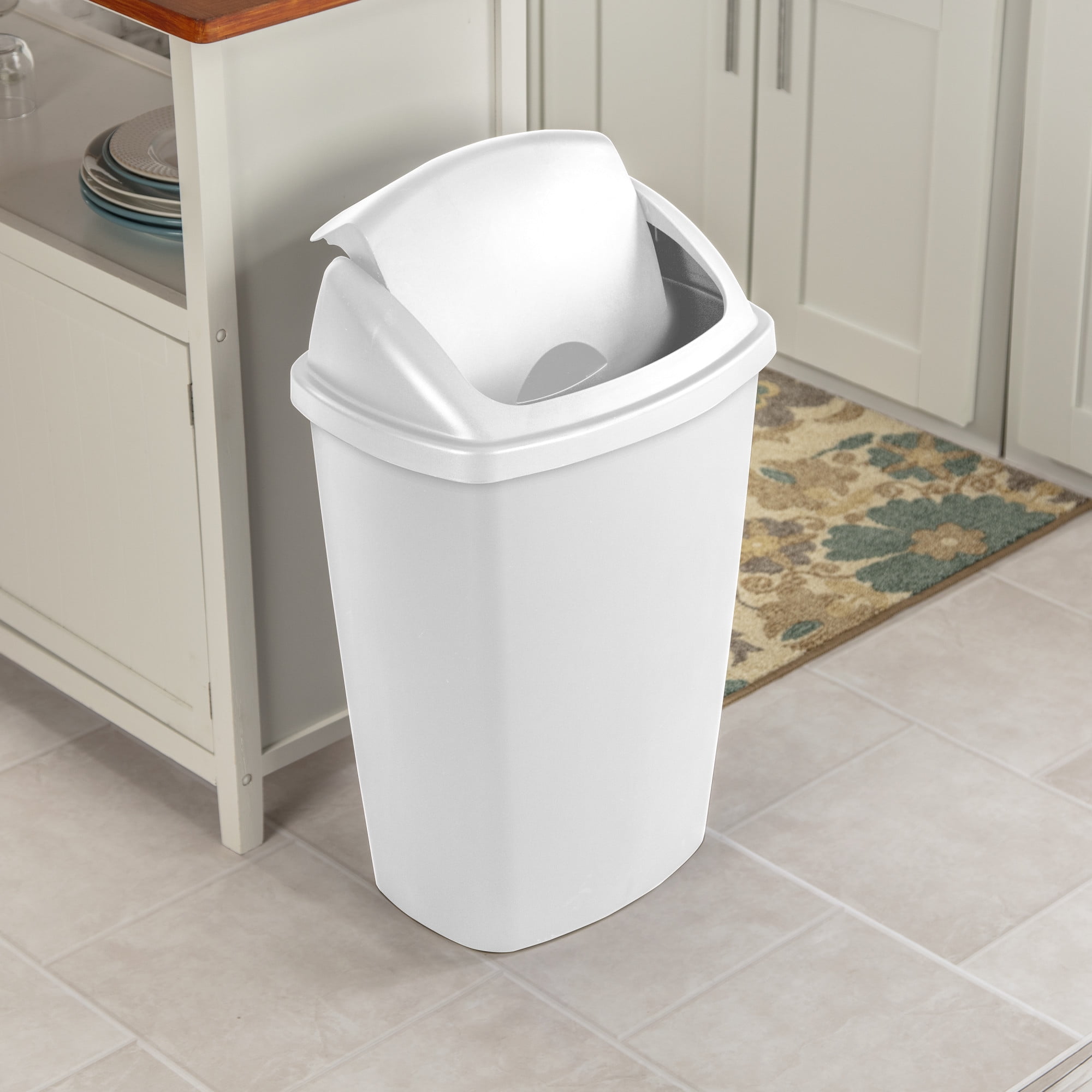 Sterilite 13 Gallon Plastic Swing Top Spave Saving Flat Side Lidded  Wastebasket Trash Can for Kitchen, Garage, or Workspace, White (4 Pack)