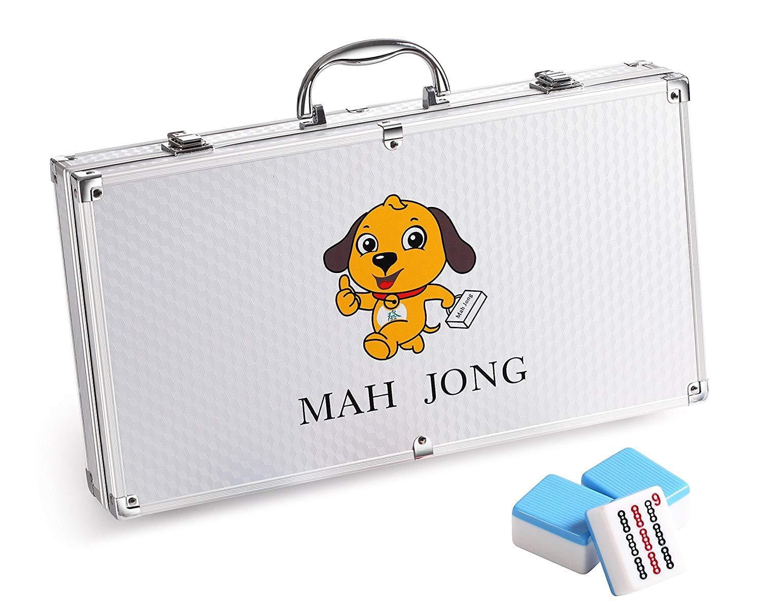 144 Blue Tiles Chinese Mahjong Silver aluminum Case with Pushers and Cover Set