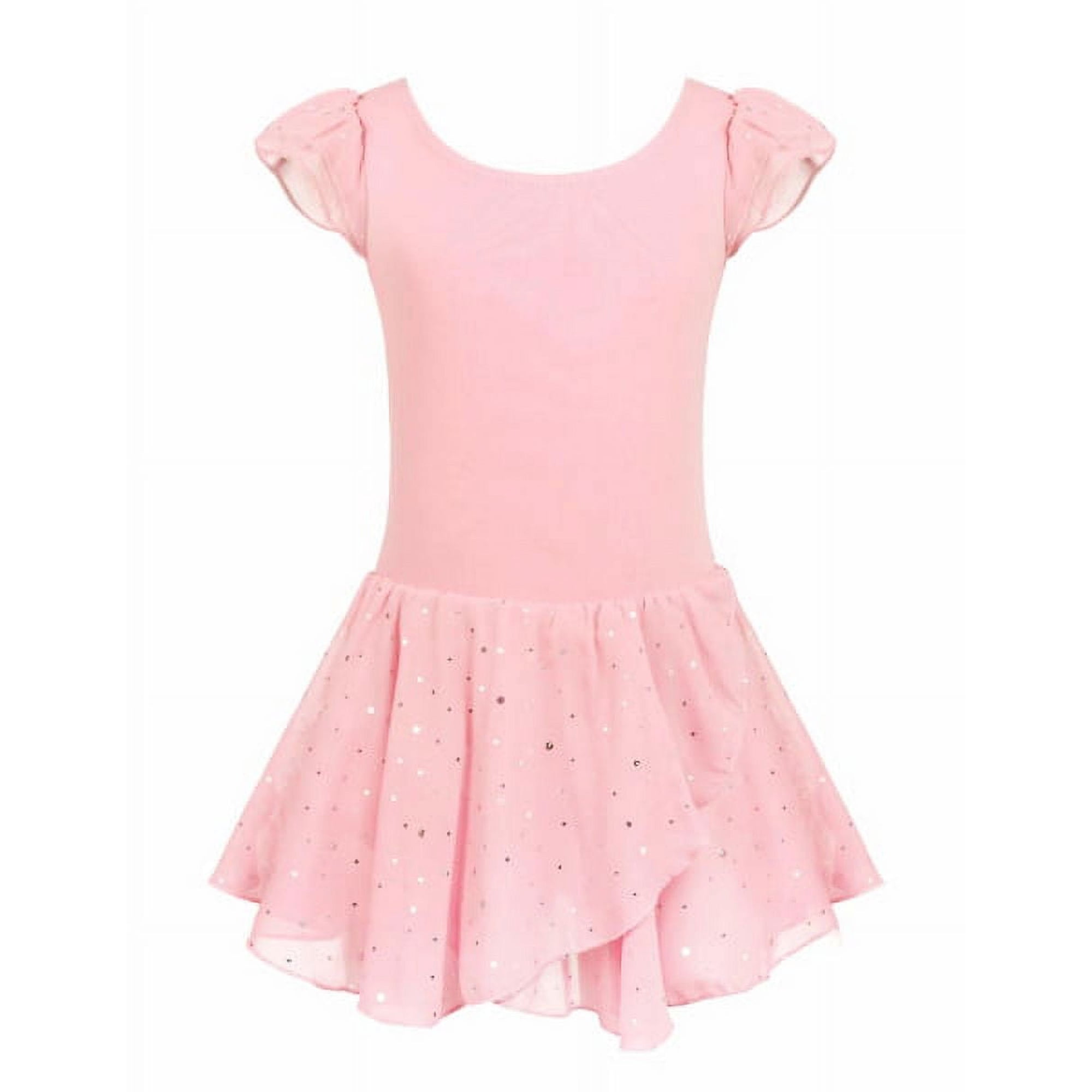 Oudiya Girls Ballet Dance Dress Leotards Ruffle Sleeve Shiny Ballet Tutu Skirt Pink for 6-7Y