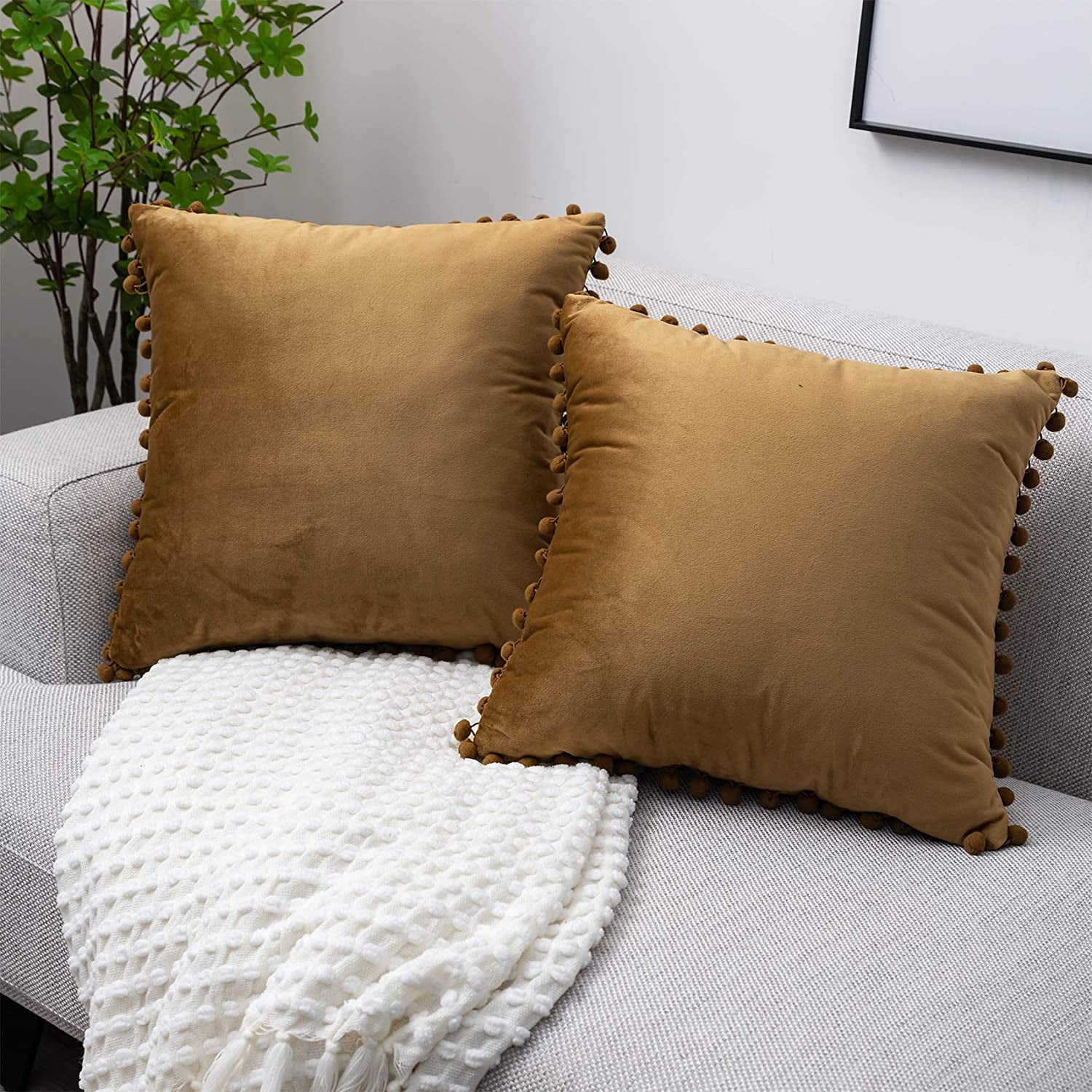 2 PCS Velvet Throw Pillow Cover Pom Sofa Solid Square Cushion Cover 16"18"20"24" 