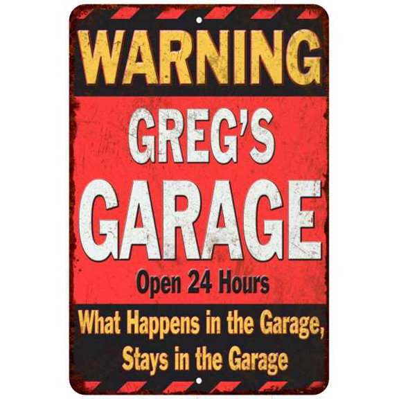 GREG'S Garage Warning Man Cave Wall Decor 8 x 12 High Gloss Metal 208120030177
