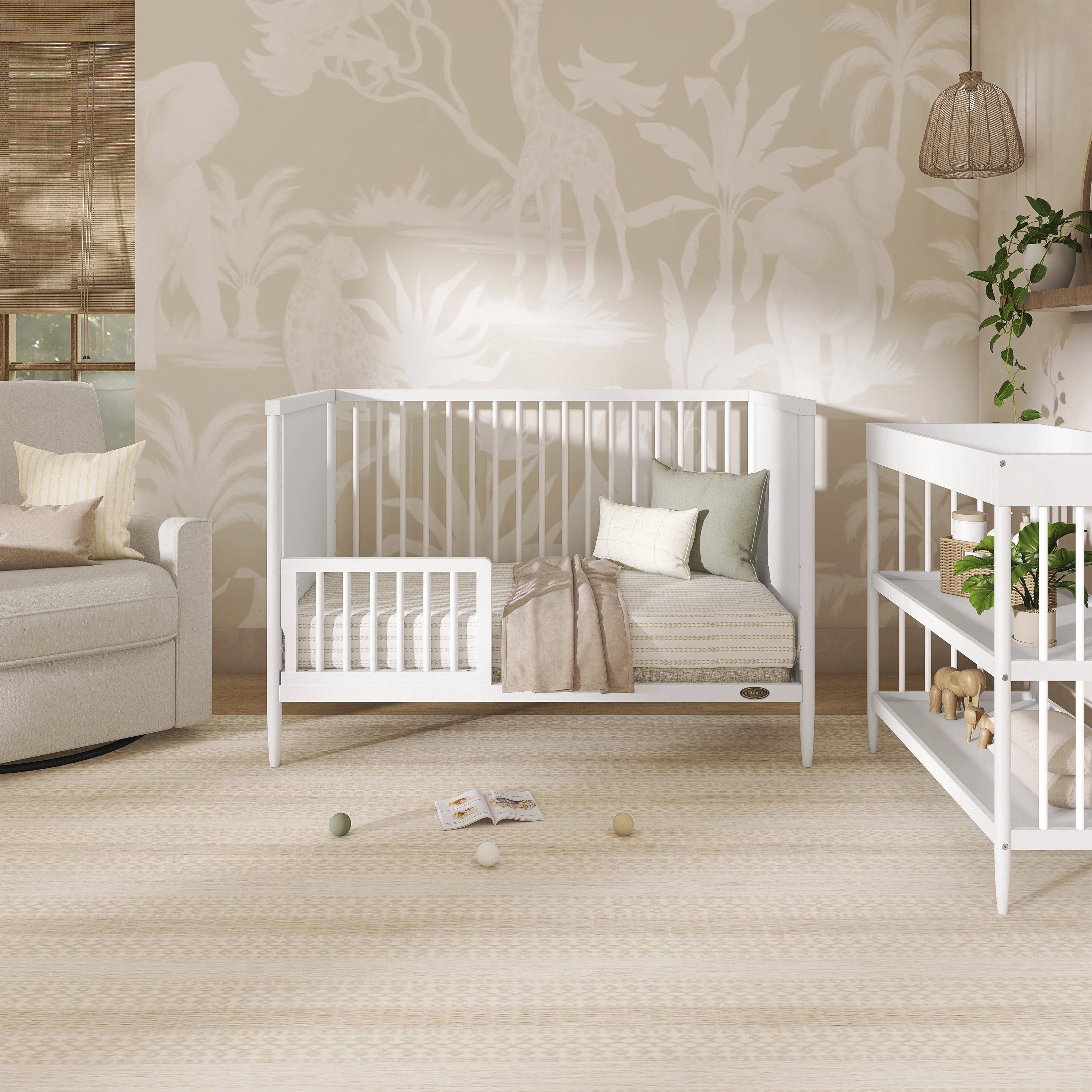 Dream On Me Clover 4 In 1 Modern Island crib With Rounded Spindles I Convertible Crib I Mid- Century Meets Modern I Coordinates With The Clover Changing Table In White Finish