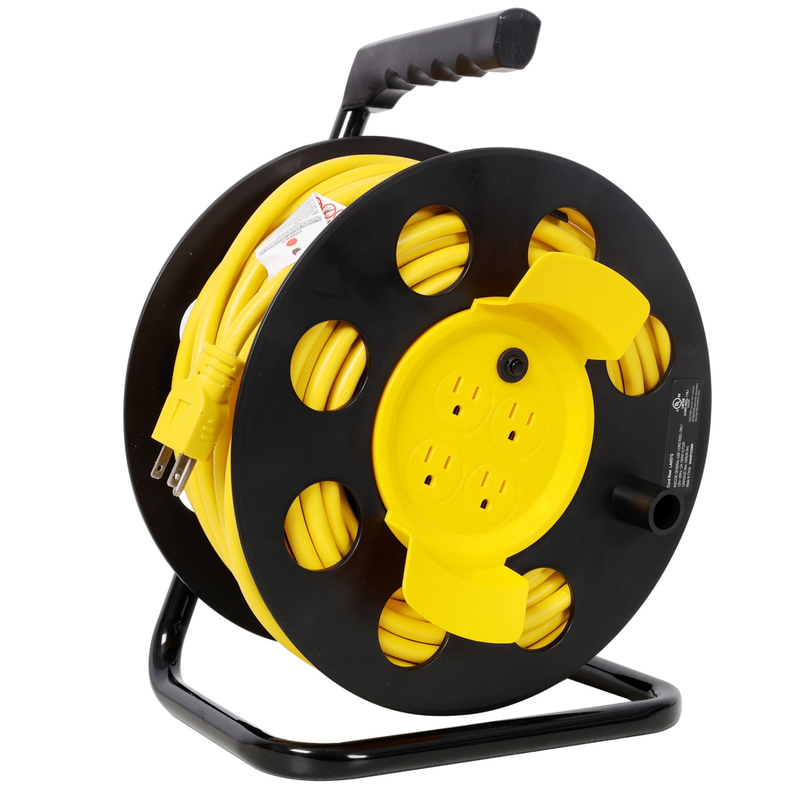100FT Heavy Duty Retractable Extension Cord Reel, 12AWG 12A with 4 Outlets & Dust Covers, Portable Handle and Circuit Breaker