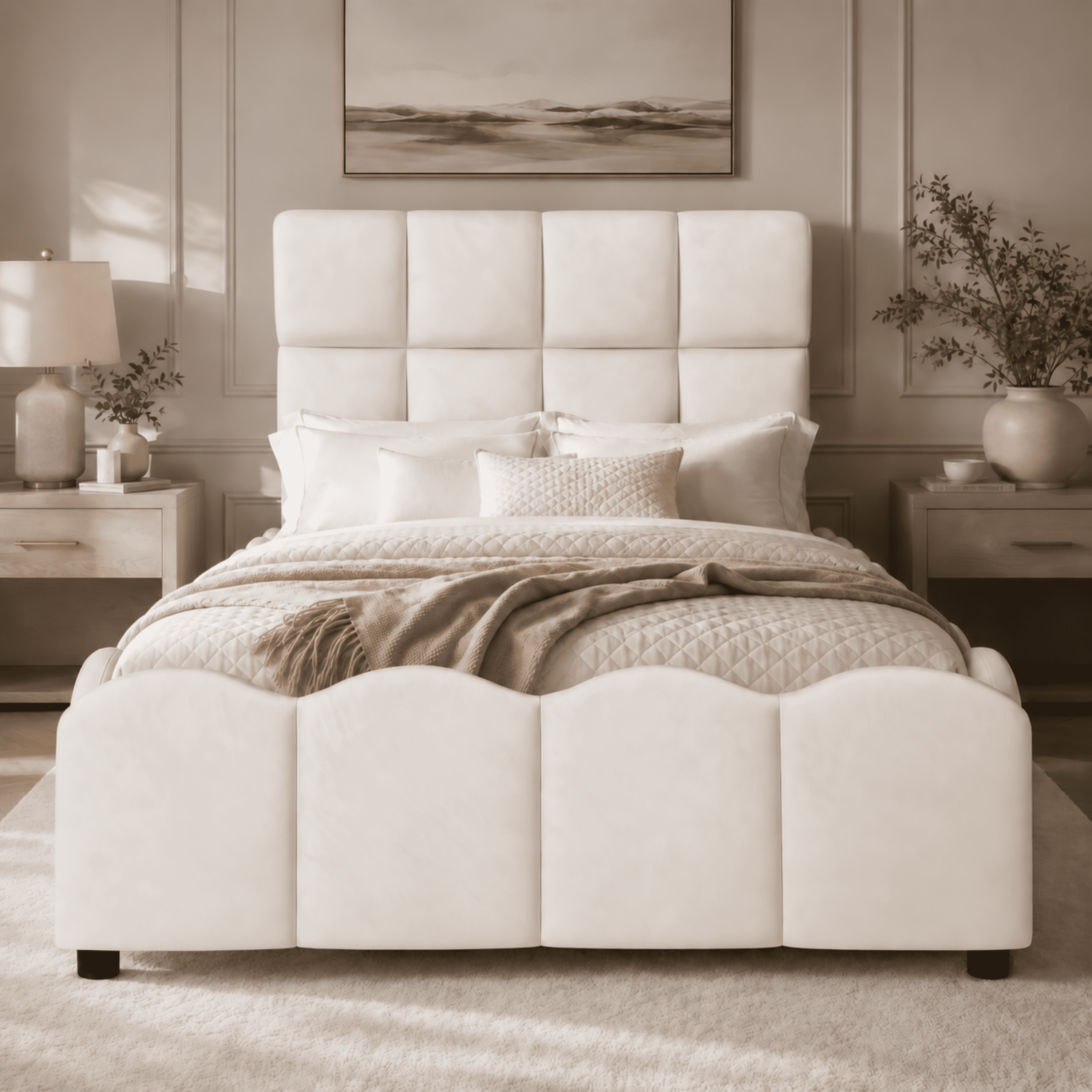Euroco Upholstery Velvet Twin Size Platform Bed with Tall Panel Headboard, No Box Spring Needed, Beige