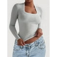 thumbnail image 4 of Womens Long Sleeve Shirts Square Neck Tops Ribbed Knit Teen Girls Crop Tops Fall Fashion Clothes White Flower Ash XL, 4 of 7
