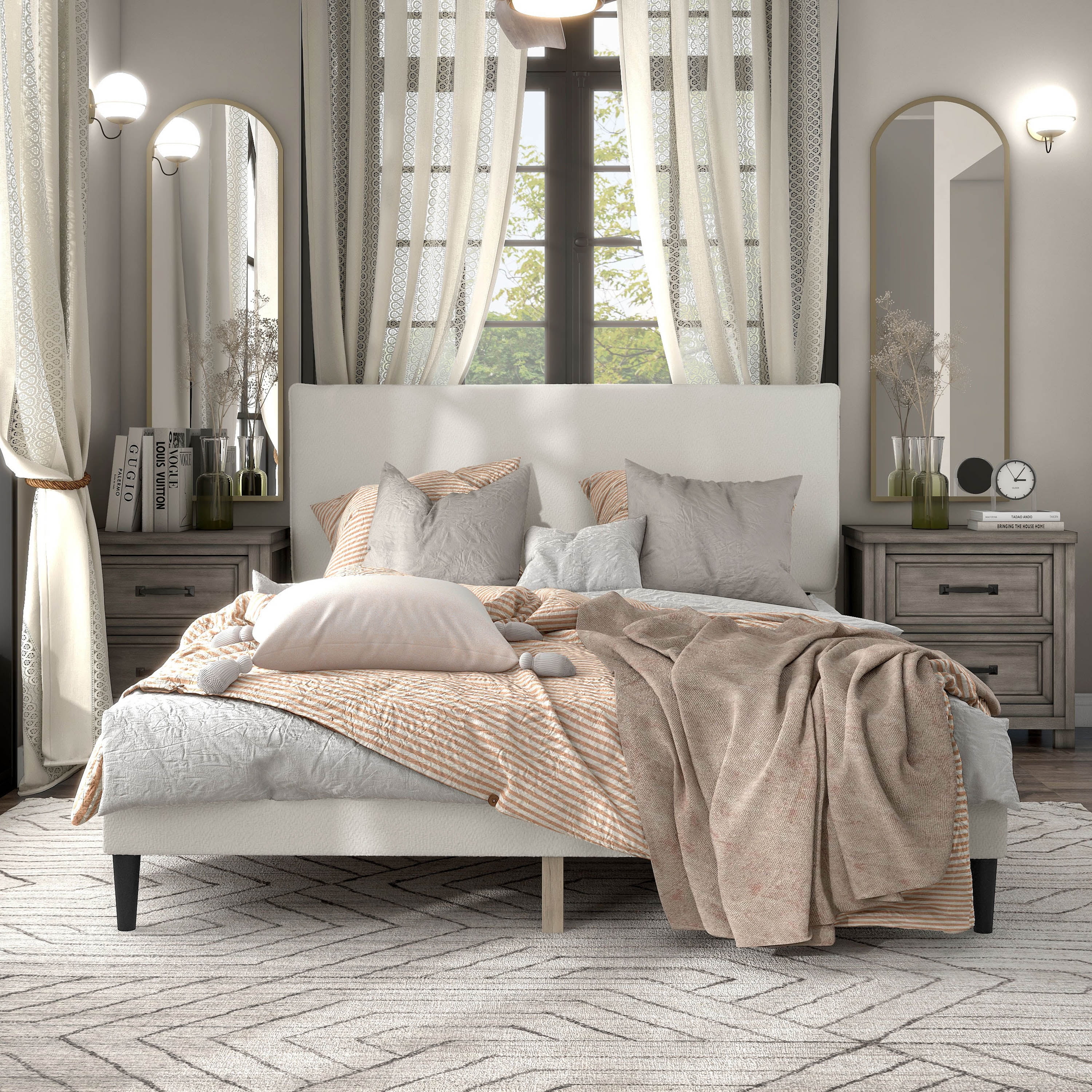 Furniture of America Celia Mattress Ready Boucle Fabric Adult Bed, White, Queen