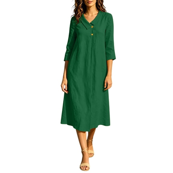 Odbmxy 3/4 Sleeve Women's Midi Dresses Tunic Cotton Linen Fall Shift Women Dress Collared Button Holiday Casual