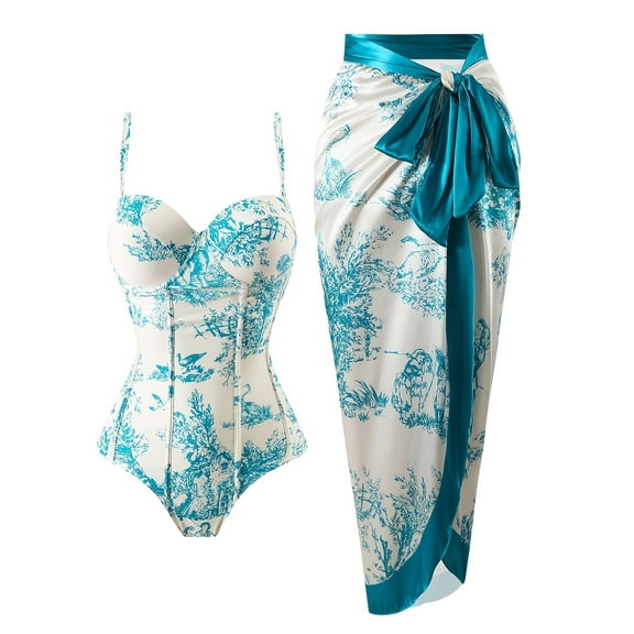 Womens One Piece Swimsuit with Cover Up Tummy Control Sarong Wrap Swim Suit Floral Print Bathing Suits Blue L