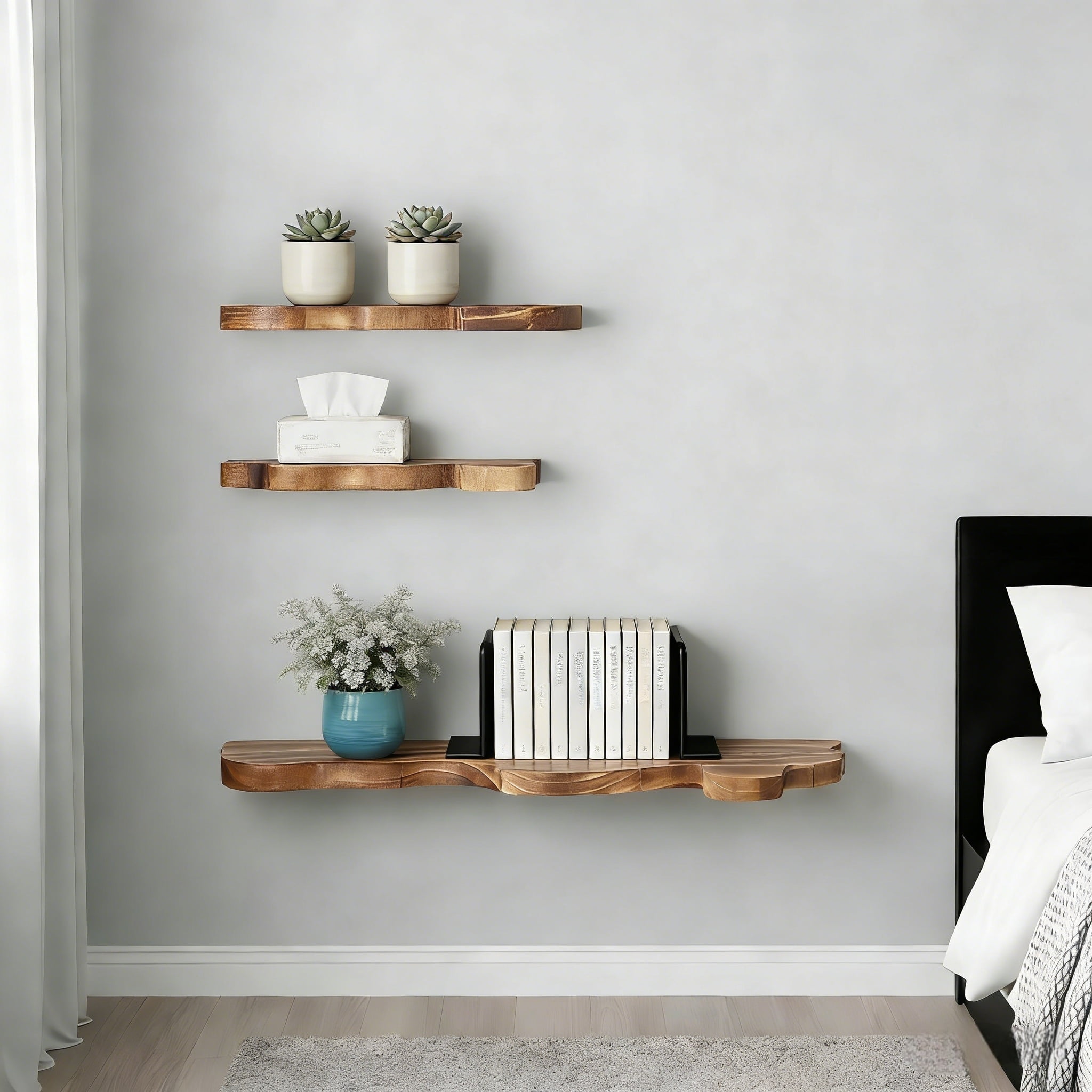 NIUBIER Set of 3 Live Edge Floating Shelves,3 Size Wooden Floating Shelves,Rustic Farmhouse Vintage Wall Shelves Decor for Living Room Bedroom